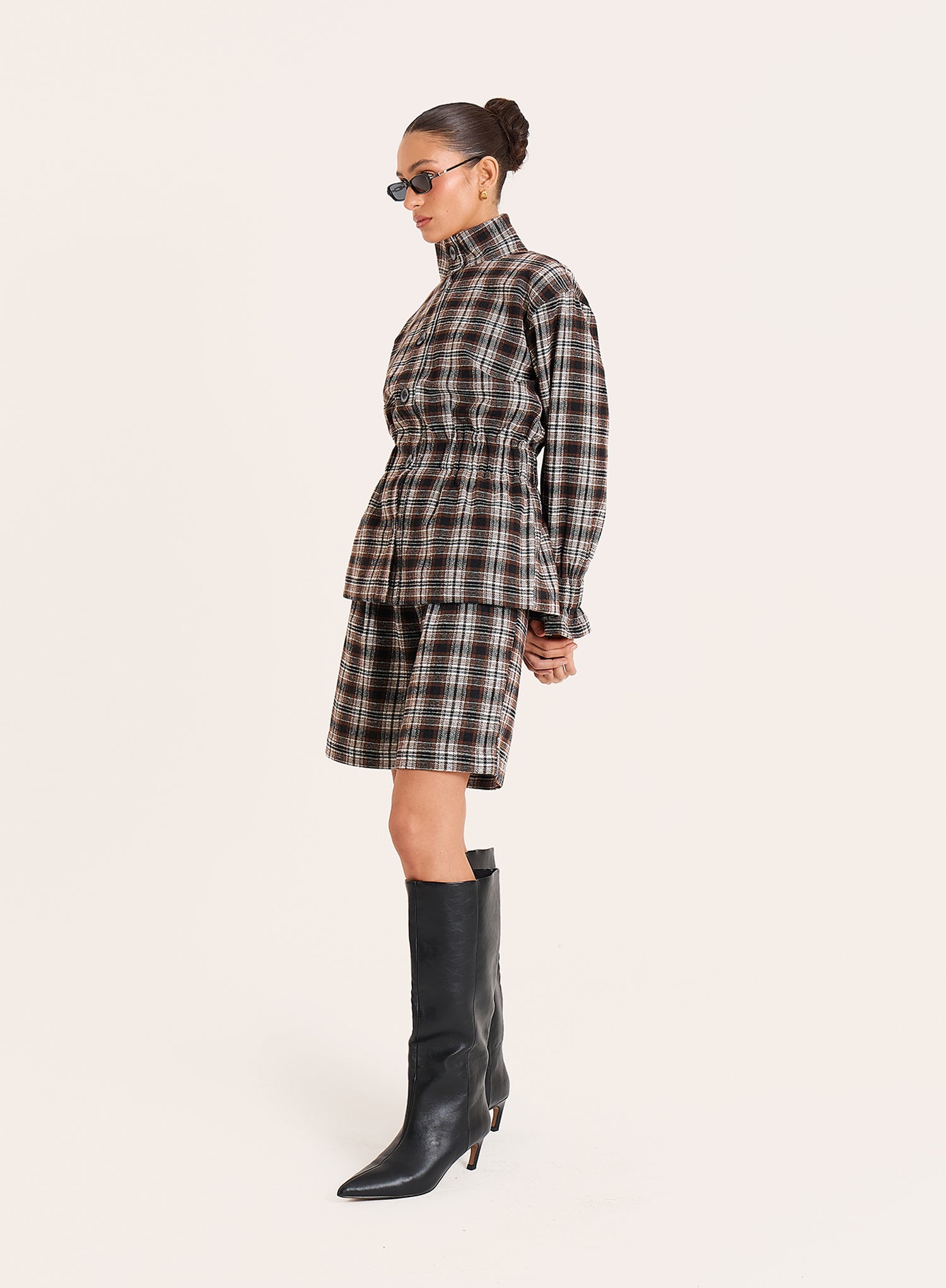 Brown Check Funnel Neck Cinched Waist Jacket